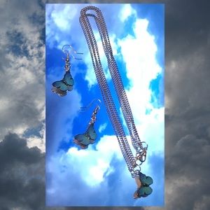 Blue butterfly pendant necklace and earings set